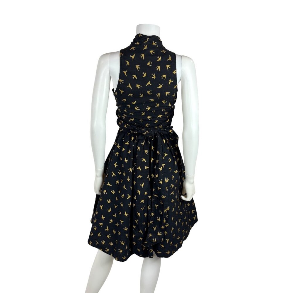 Dollz & Dames Halter Dress Small Gold Sparrow Bird Print Black Pin Up Sundress - Picture 14 of 15
